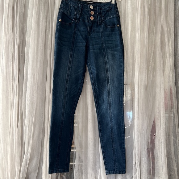 ⭐️ bebe high rise stretch blue whisking combo zipper button fly leg seam 24 - Picture 2 of 16